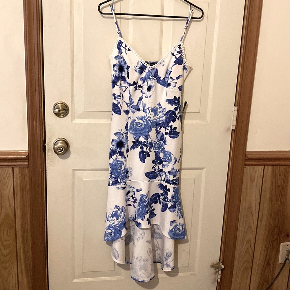 Jump White Slip Dress with Blue Floral High-Low Hem